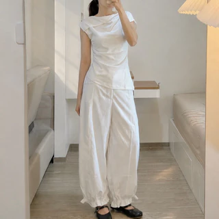 Tofu pants กางเกงเอวสม็อคขนาดใหญ่พิเศษ ดีเทลจั๊มพ์ปลายขา