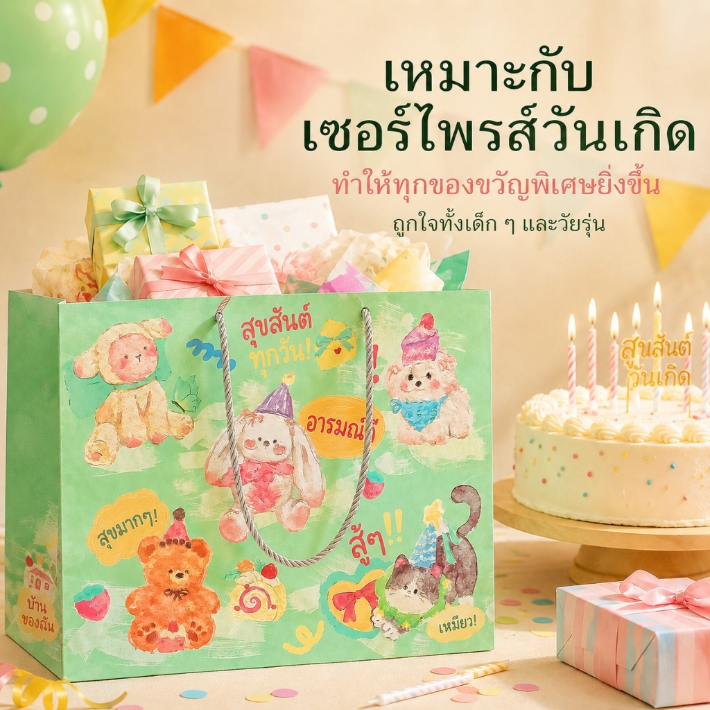 ถุงกระดาษของขวัญลายสัตว์สีน้ำ สีเขียวมิ้นท์ 4ขนาด กระดาษหนา หูหิ้วเชือกแข็งแรง ใส่ขนม วันเกิด ของชำร่วย ปาร์ตี้เด็ก