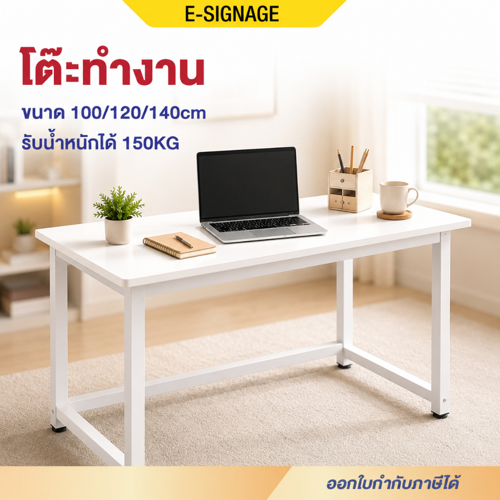 Elife โต๊ะทำงานสีขาว มินิมอล โต๊ะทำงานไม้ โครงเหล็ก กันรอยขีดข่วน Home Office โต๊ะทำงาน รับน้ำหนัก 1