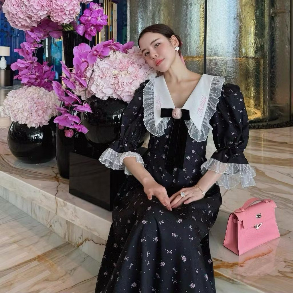 FLAT2112 : JOANNE YOUNG MAXI DRESS มเดรสยาว ชุดออกงาน แบบลูกคุณ แขนตุ๊กตา (FF0541) Size.S ❤️New