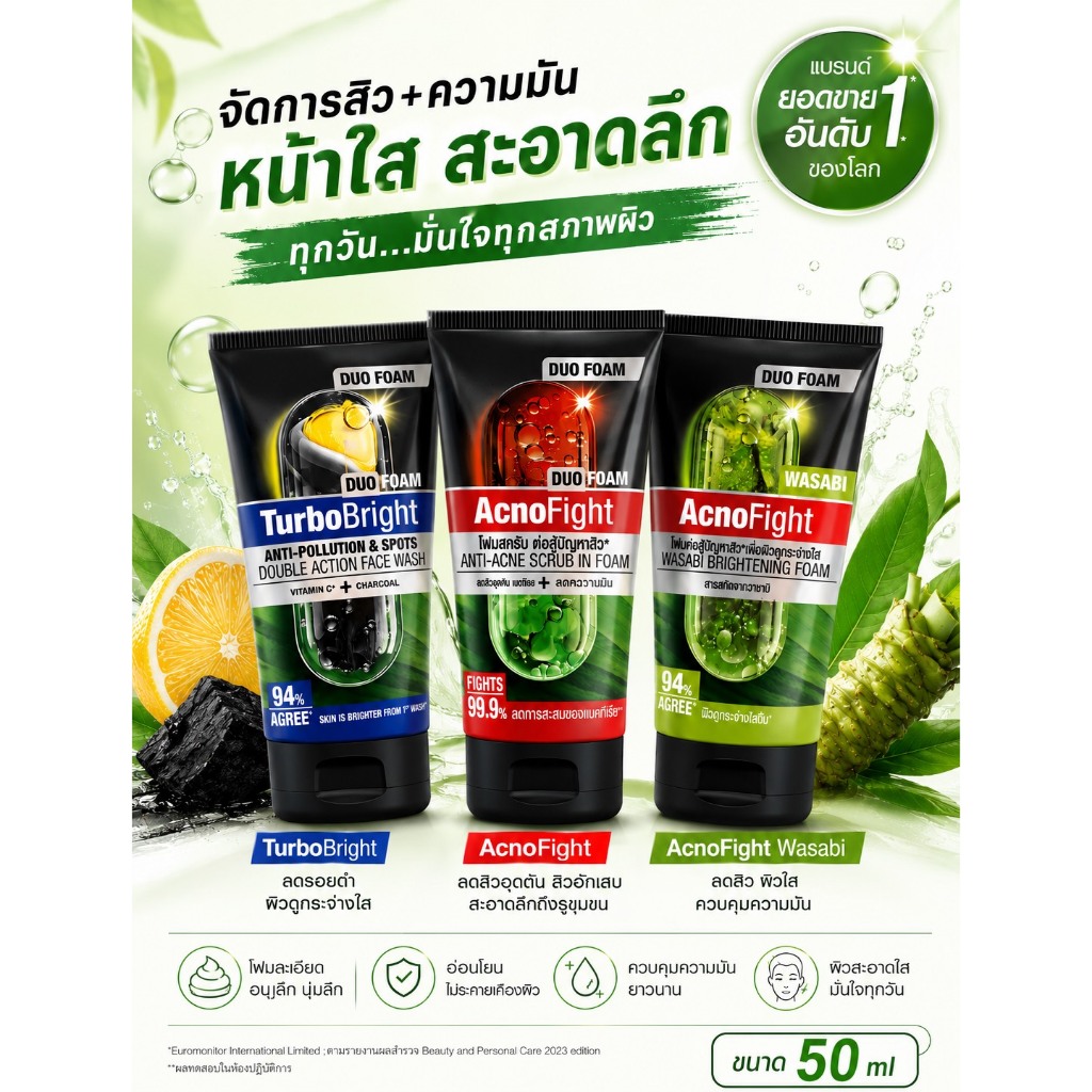 โฟมล้างหน้า การ์นิเย่ เมน เทอร์โบไบรท์/ แอคโนไฟท์ โฟม Garnier Men Turbobright/ Acnofight Foam 50 ml.