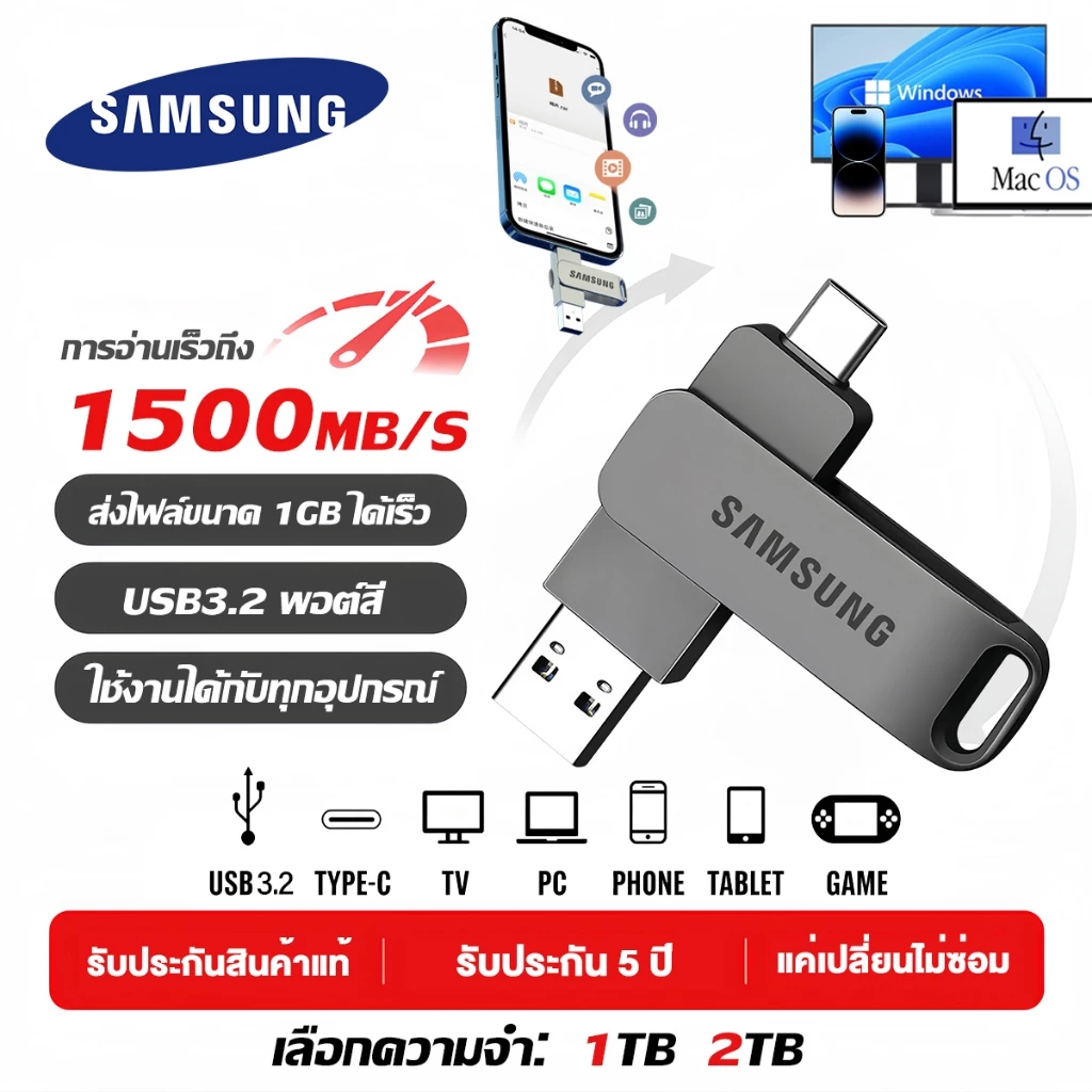 【รับประกัน 5 ปี】U Disk Type-C 1/2TB USB3.2 ความเร็วสูง ตัวถังอัลลอยด์กระจายความร้อน แฟลชไดรฟ์ หน่วยความจําข้อมูล otg