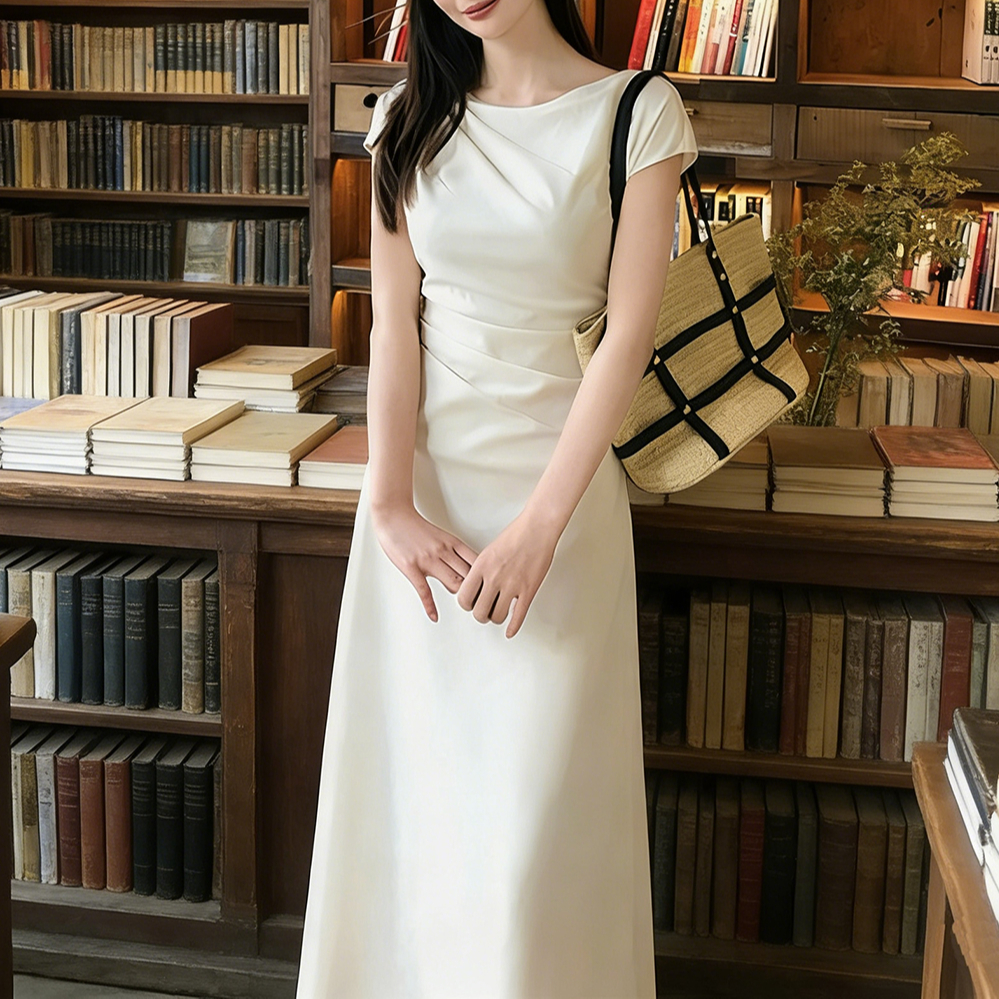 off white dress เดรสยาวสีครีม ปาดไหล่ พลีท เรียบหรู สไตล์เกาหลี ชุดออกงาน ชุดไปงานแต่ง