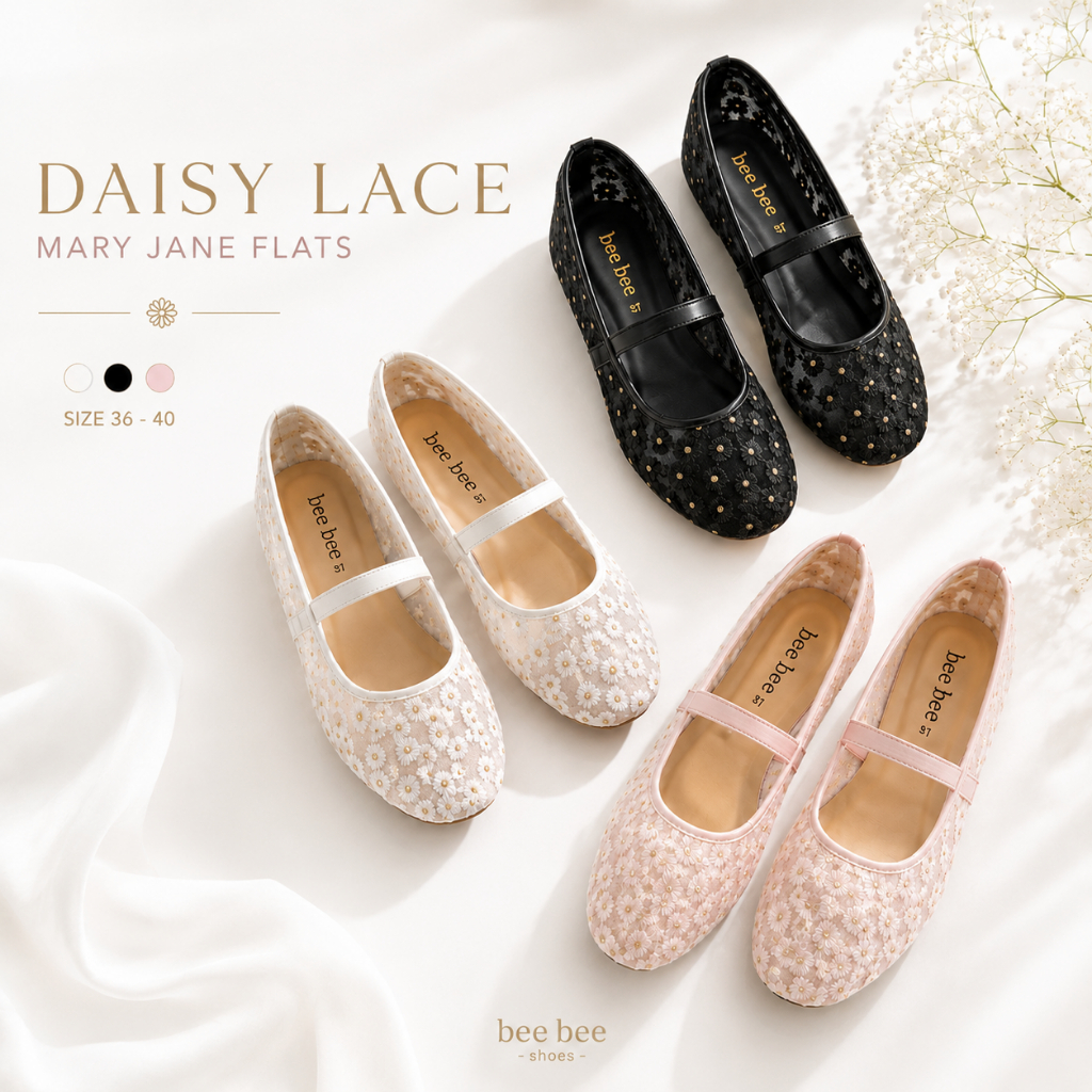 BeeBee รองเท้าคัทชู ผ้าลูกไม้ปักดอกเดซี่ Mary Jane รุ่น Daisy Lace ดีไซน์เรียบหรู สไตล์เกาหลี