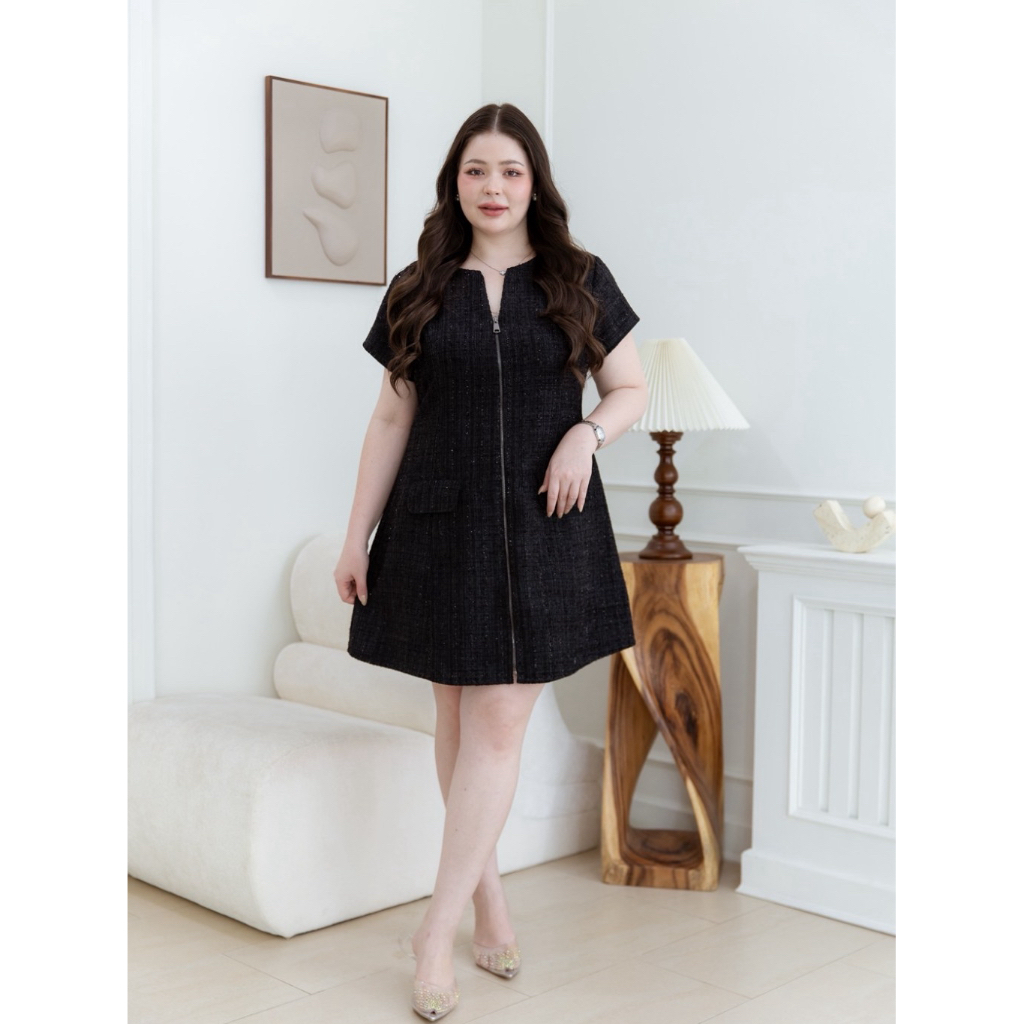 Dorami dress  Mini dress ผ้าทวิสแต่งซิปหน้า สุดหรู