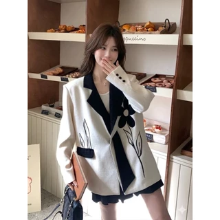 E31 เสื้อสูทสีครีม งานปักดอกไม้ ผ้าลินินผสม งานฟรีเมี่ยมเกรดอย่างดี