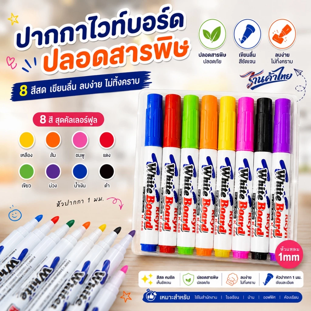 ✨ปากกาไวท์บอร์ด 8สี เขียนลื่น ลบง่าย📌พร้อมส่งในไทย📌แห้งเร็ว หมึกสีสด เช็ดออกง่าย Whiteboard Marker
