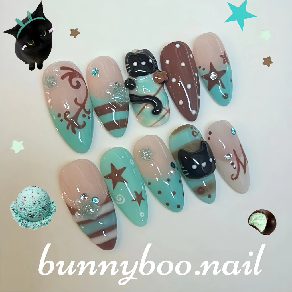 💅เล็บปลอมเจล mint neko ver.cutemak🩵😻🍫 (มีกล่อง)ตัวอย่างภาพเป็นไซส์xs อาจมีความต่างเนื่องจากไซส์ของลค.