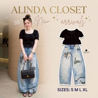 𝘼𝙇𝙄𝙉𝘿𝘼 𝘾𝙇𝙊𝙎𝙀𝙏 ᯓ ★ชุดเซ็ต 2 ชิ้น เสื้อผ้าลูกไม้เนื้อนุ่มสีดำแขนตุ๊กตา+กางเกงยีนส์พิมพ์ลายแมวหน้า-หลัง