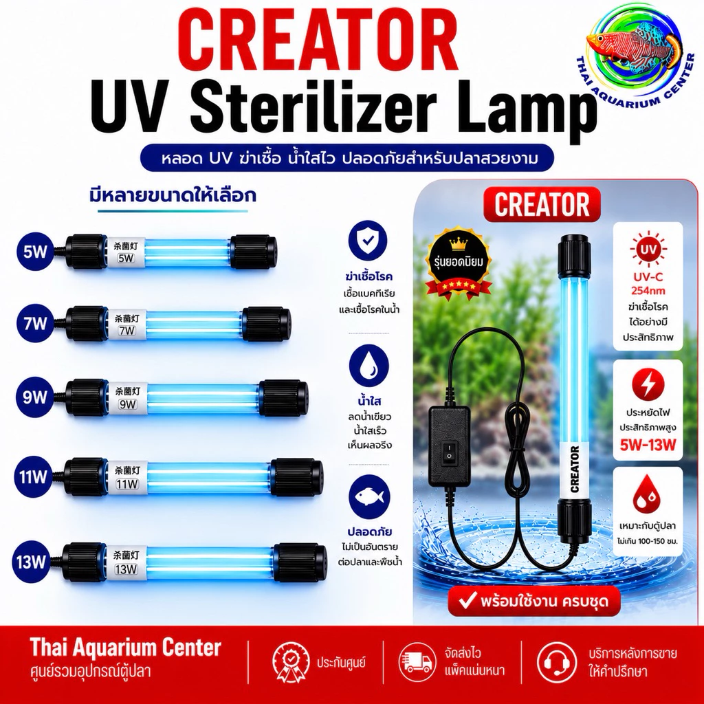 หลอดฆ่าเชื้อ UV Sterilizer Lamp จุ่มน้ำสำหรับตู้ปลา กำจัดตะไคร่ ฆ่าเชื้อโรค (3w/5W / 7W / 9W / 11W/13W)