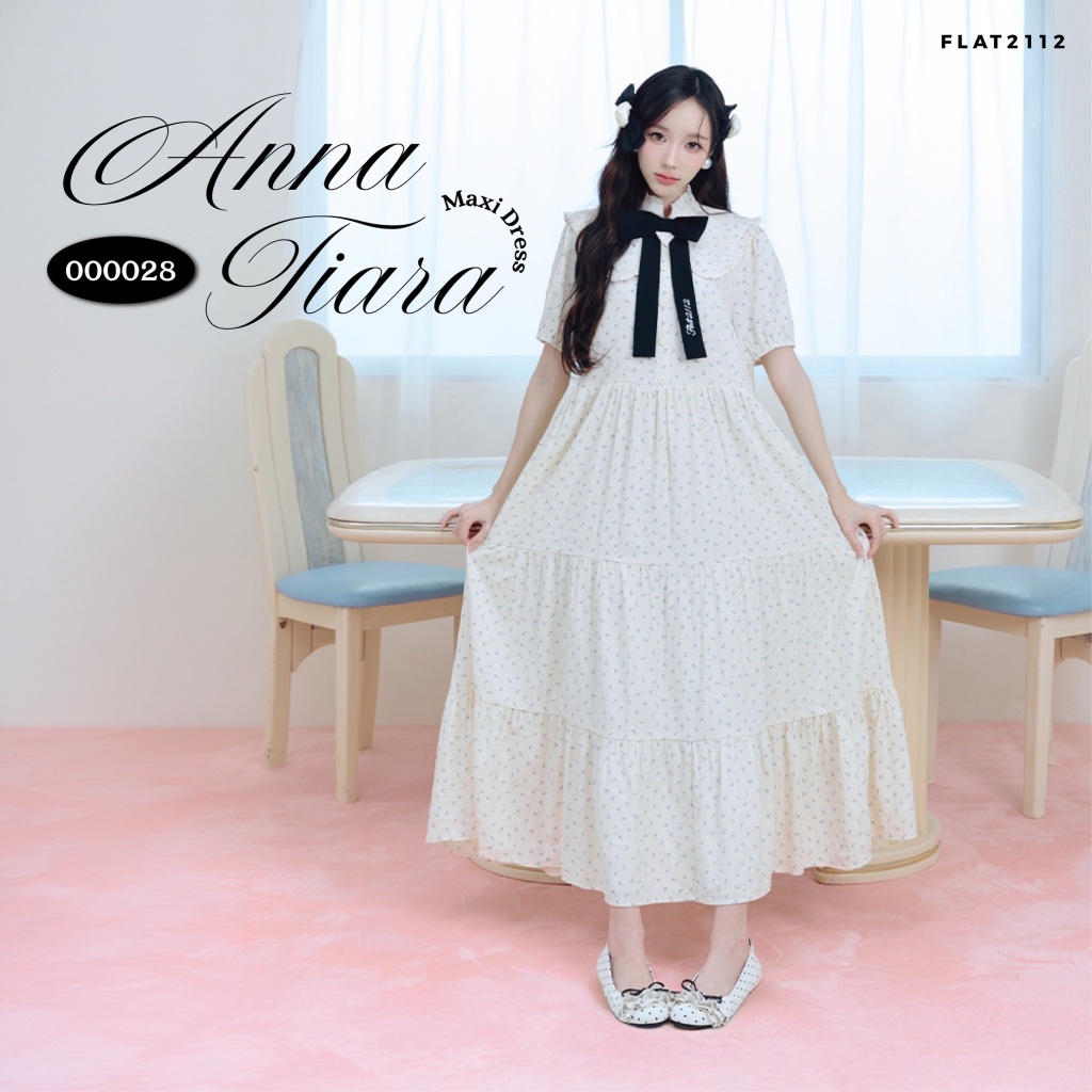 FLAT2112 : ANNA TIARA MAXI DRESS เดรสแม็กซี่ลายดอกสีครีม เดรสวินเทจแต่งโบว์กำมะหยี่สีดำ สไตล์ French Vintage (000028)