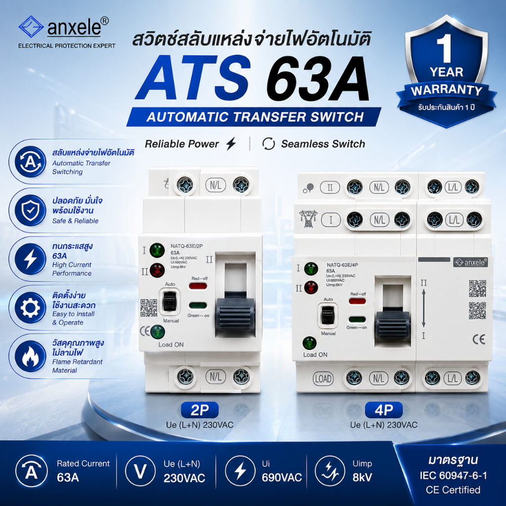 (Anxele) ATS สวิตซ์ สลับไฟอัตโนมัติ 63A (2P,4P) Automatic Transfer Switch Ue (L+N) 230VAC รับประกัน 