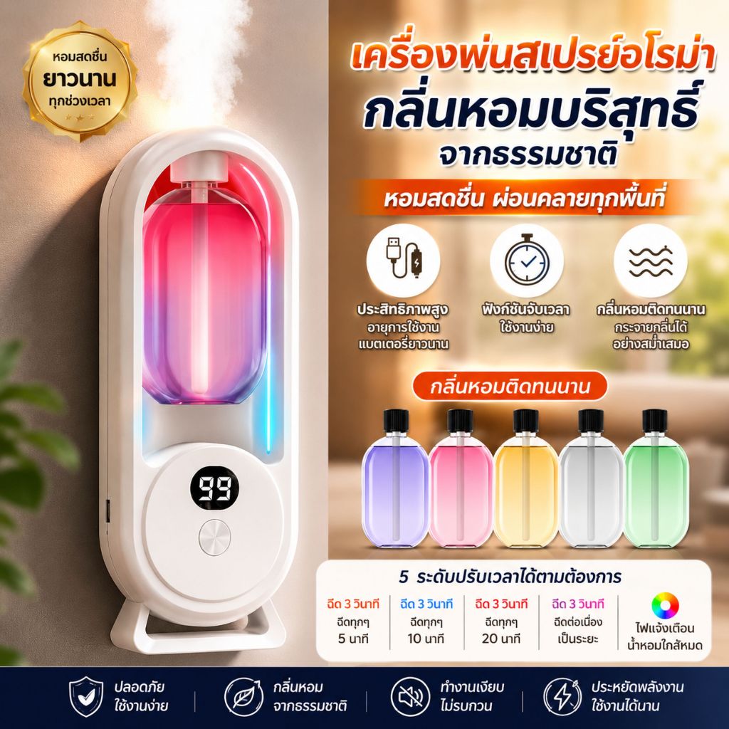 [พร้อมส่ง] เครื่องพ่นน้ําหอมอัตโนมัติ เครื่องพ่นปรับอากาศในห้อง ช่วยกระจายกลิ่นหอมยาวนาน มีโหมดปรับการพ่น 5 ระดับ