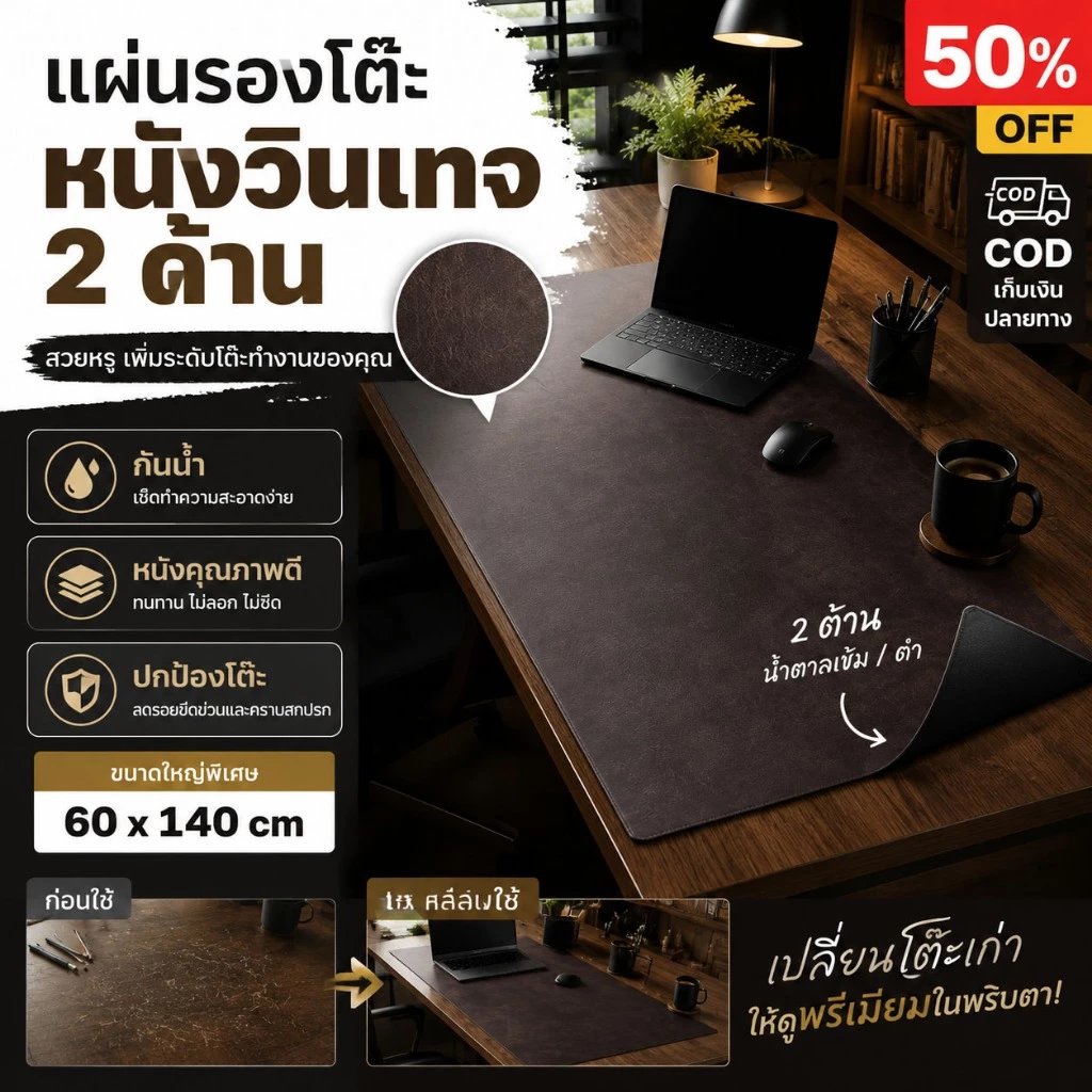 เสื่อปกโต๊ะหนังสีเรียบสไตล์วินเทจขนาดใหญ่ กันความร้อน กันคราบสกปรก ตัดขนาดเองได้ สำหรับโต๊ะเกม ออฟฟิศ โต๊ะแล็ปท็อป