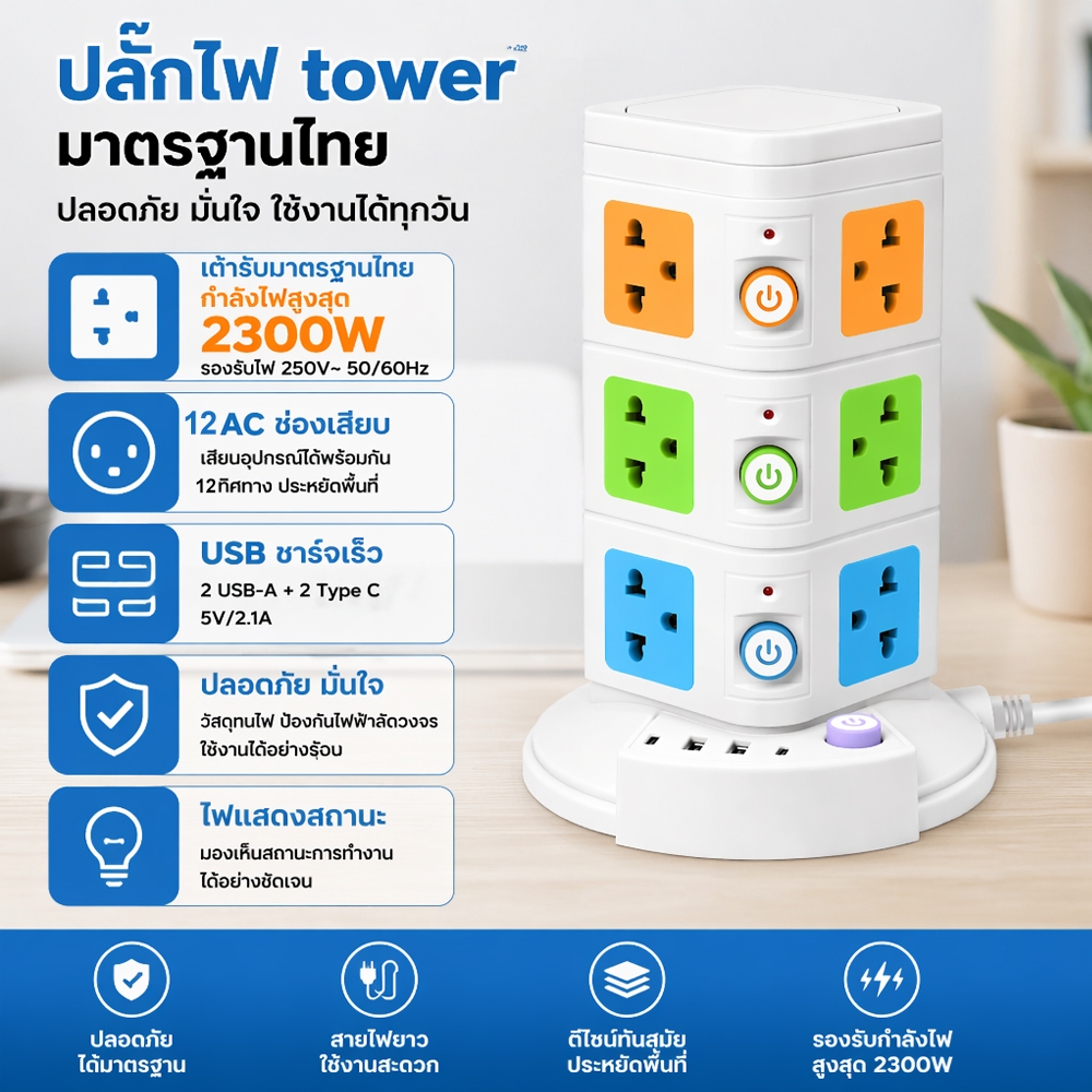 JFKDX ปลั๊กไฟหลายรูแนวตั้งมาตรฐานไทย 2300w สายไฟ 2M พร้อมพอร์ตชาร์จ 2USB-A + 2Type-C