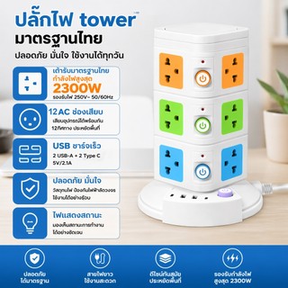 JFKDX ปลั๊กไฟหลายรูแนวตั้งมาตรฐานไทย 2300w สายไฟ 2M พร้อมพอร์ตชาร์จ 2USB-A + 2Type-C