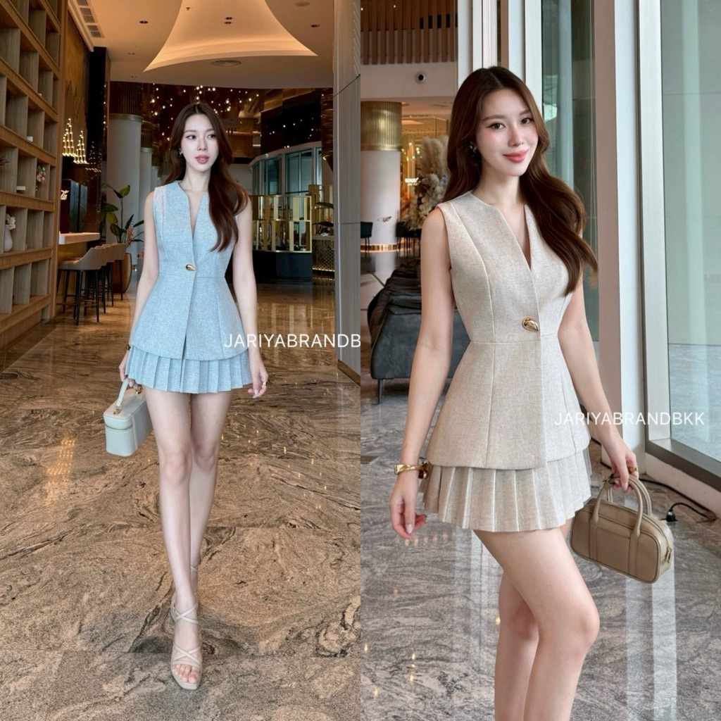 JARIYA•ชุดset 2ชิ้น(ผ้าทวิส พร้อมซับใน สวยขึ้นทรงอย่างดี) เสื้อคอ วี แขนกุด มาพร้อม กระโปรงพรีทเอวสูง