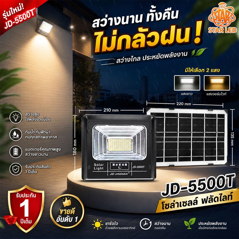 ไฟสปอตไลท์โซลาร์ LED รุ่น JD-T 5500T กันน้ำ IP67 กันฟ้าผ่า กลางคืนเปิดอัตโนมัติ สว่างทั้งคืน รับประกัน 1 ปี สำหรับกลางแจ