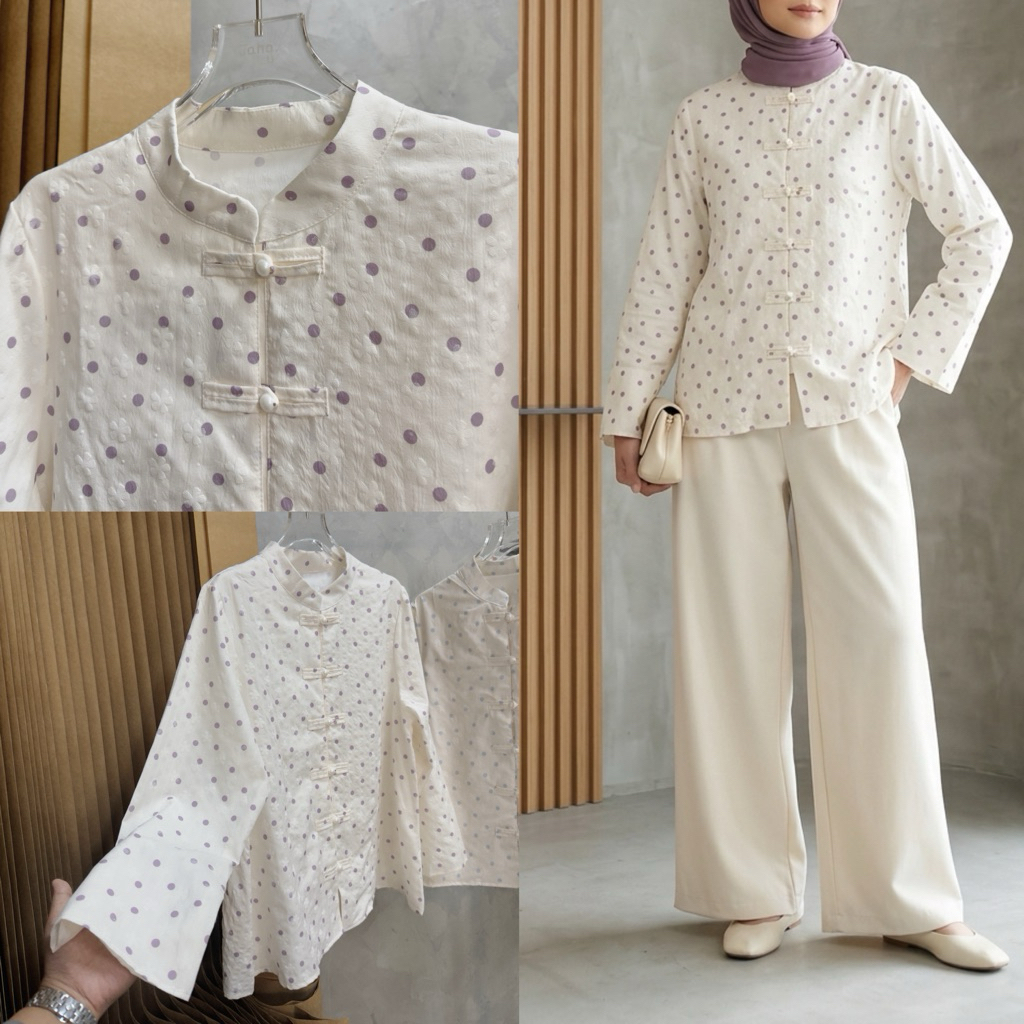 JAHA.U•NEW• พร้อมส่ง SHIRT Chiline Cotton (T1430)  เสื้อเชิ้ตกระดุมจีนลายจุด เนื้อผ้าคอตตอนผสมลายในตัว มีไซส์เดียว