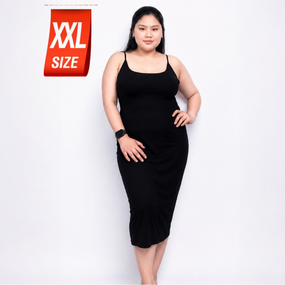 CHOTY สายเดี่ยวเว้าเดรส (ยาว) XXL เดรสสายเดี่ยวคลุมเข่า คอเว้า ผ้าเรย่อน เดรสมิดี้ Midi Dress สินค้าผลิตไทย BALLX.A