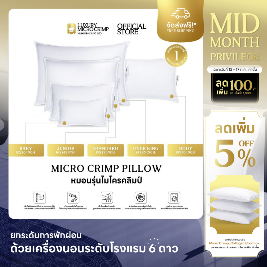 MICRO CRIMP PILLOW (หมอนไมโครคลิมป์ เลือกขนาดและระดับความนุ่มได้ หมอนมาตรฐานโรงแรม 6 ดาว ออกแบบให้รองรับถูกต้องตามสรีระ)