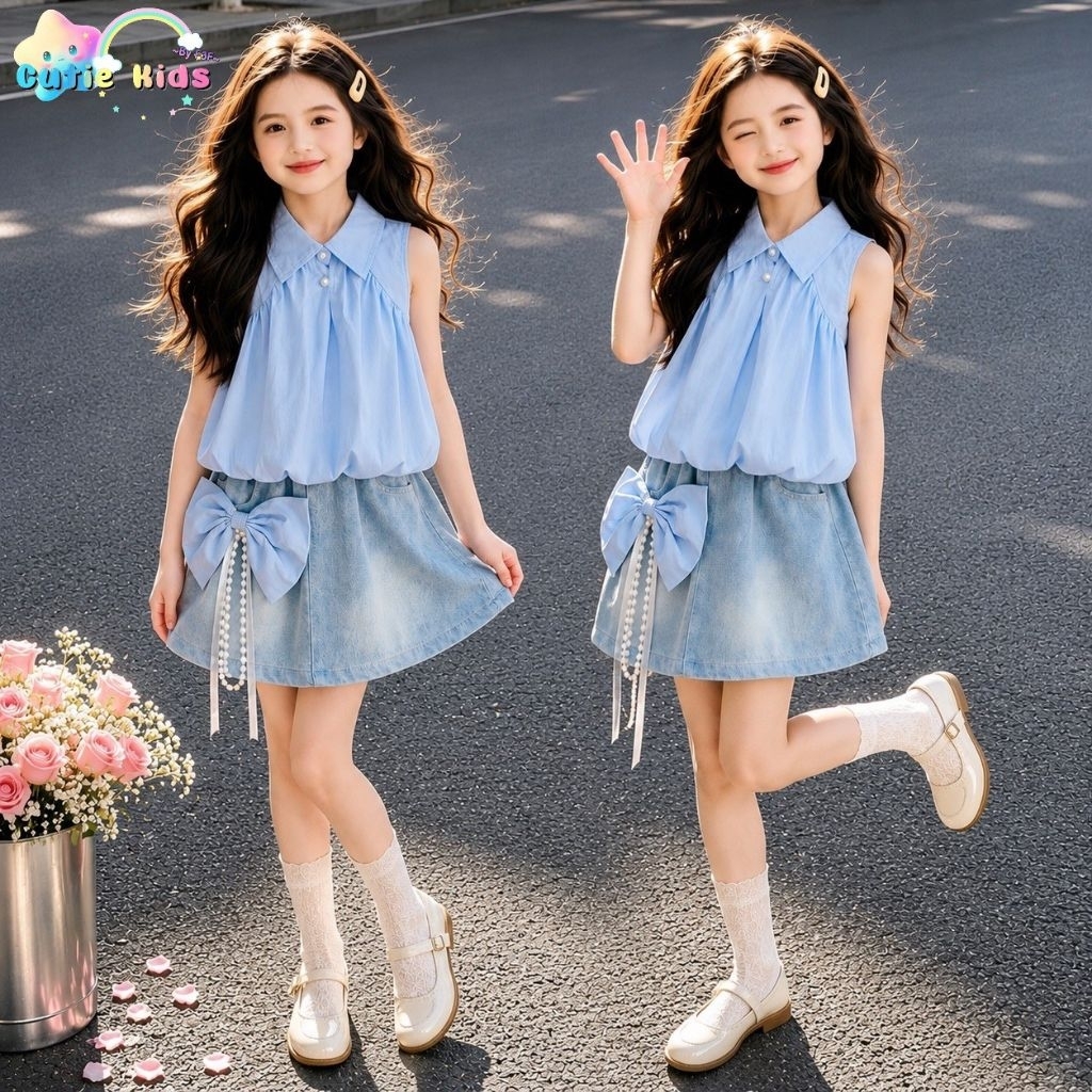 CT277/278 ชุดเซทเด็กคุณหนูสุดคิ้วท์ ชุดเซ็ตเสื้อปกเชิ้ตทรงบอลลูนพองนุ่มฟู มาพร้อมกระโปรงยีนส์แต่งโบว์มุกสุดเก๋