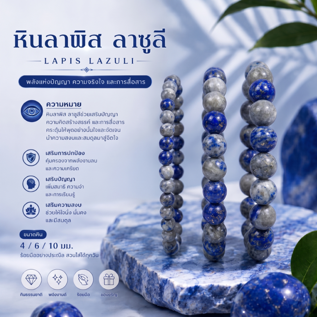 กำไลข้อมือหินลาพิสลาซูลีแท้ ขนาด 4 , 6 , 10 mm หินธรรมชาติแท้ 100% ไหมยืด
