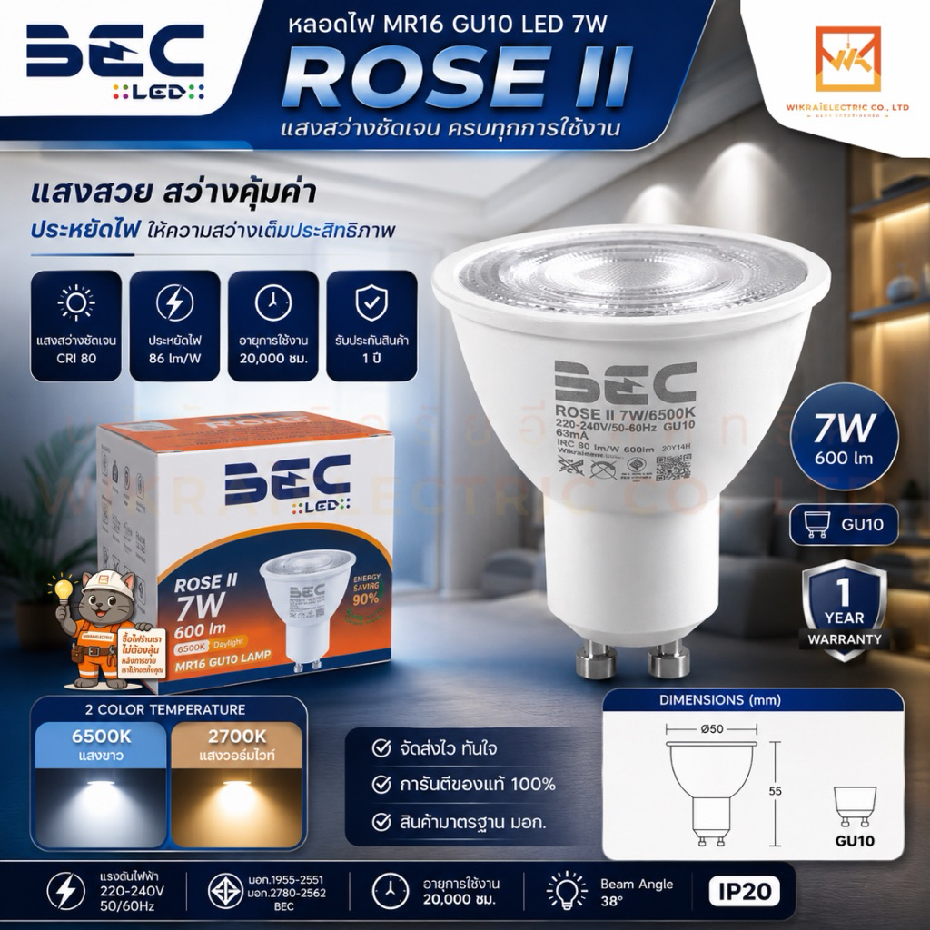 BEC ROSE II MR16 GU10 LED 7W แสงขาว แสงวอร์มไวท์ เอ็มอาร์16 ขั้ว GU10 LED 7วัตต์
