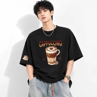 เสื้อยืดผ้าฝ้ายแท้คอกลมสไตล์เกาหลี ทรงโอเวอร์ไซซ์ เหมาะทั้งผู้ชายและผู้หญิง ดีไซน์พิมพ์ลายเครื่องดื่มกาแฟย้อนยุค