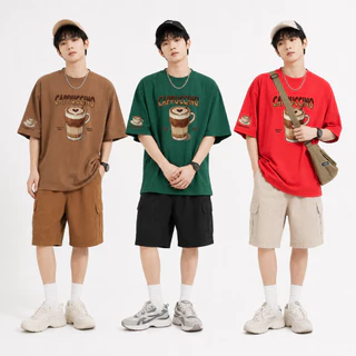 เสื้อยืดผ้าฝ้ายแท้คอกลมสไตล์เกาหลี ทรงโอเวอร์ไซซ์ เหมาะทั้งผู้ชายและผู้หญิง ดีไซน์พิมพ์ลายเครื่องดื่มกาแฟย้อนยุค