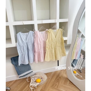 เสื้อคอวีตัวยาวแขนกุด เสื้อคอวีไหล่รูดได้ผ้าตาราง งานน่ารัก สีพาสเทล แต่งจั๊มอก Prod (P024)