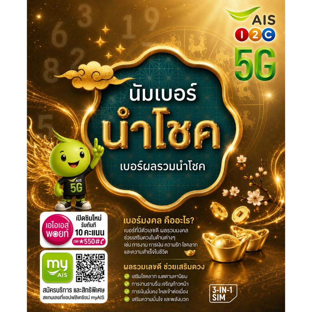นัมเบอร์ นำโชค  เอไอเอส Ais ระบบเติมเงิน  ยังไม่ลงทะเบียน  ซิมใหม่