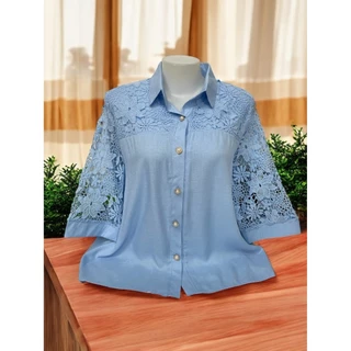 เสื้อลูกไม้ผ้าลินินผสมกระดุมเชิ้ต รอบอก38-42/44-46/48-52นิ้ว ฟรีไซส์ เสื้อใส่งานวันแม่ เสื้อลูกไม้ใส่ทำบุญ ผ้าไม่หนา