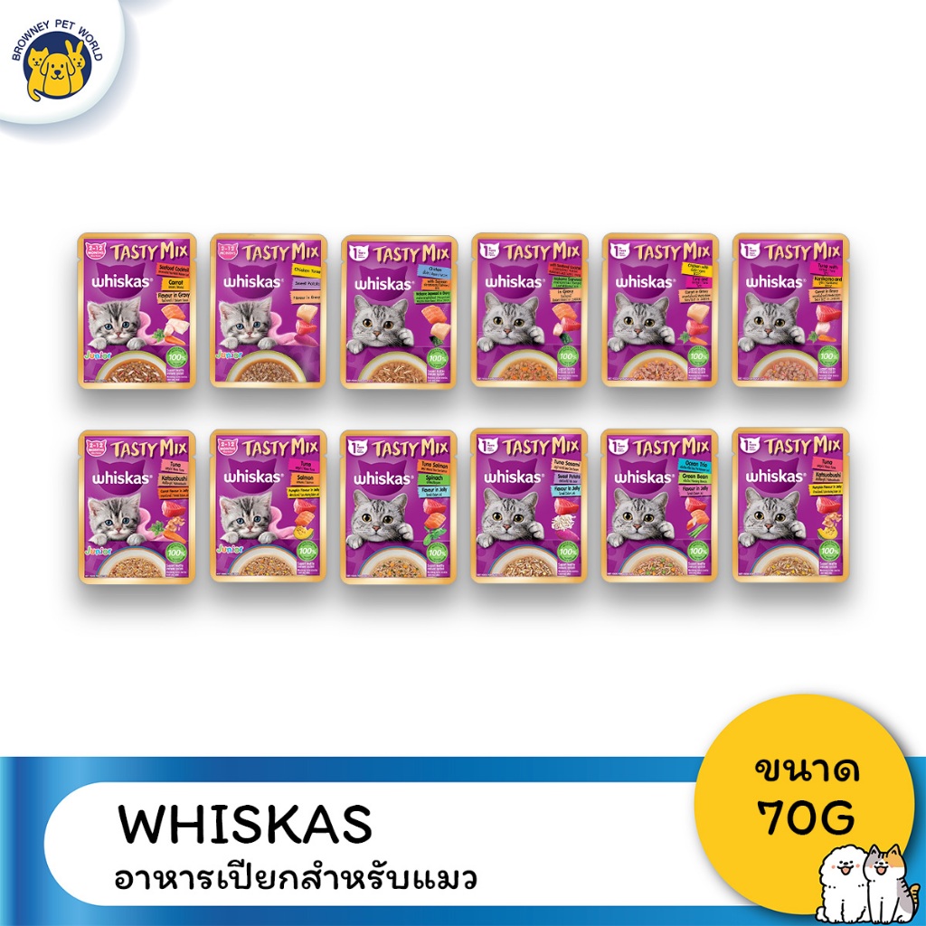 [ยกกล่อง28ซอง] Whiskas Tasty Mix อาหารแมวเปียกในเกรวี่และเจลลี่ 70 G.