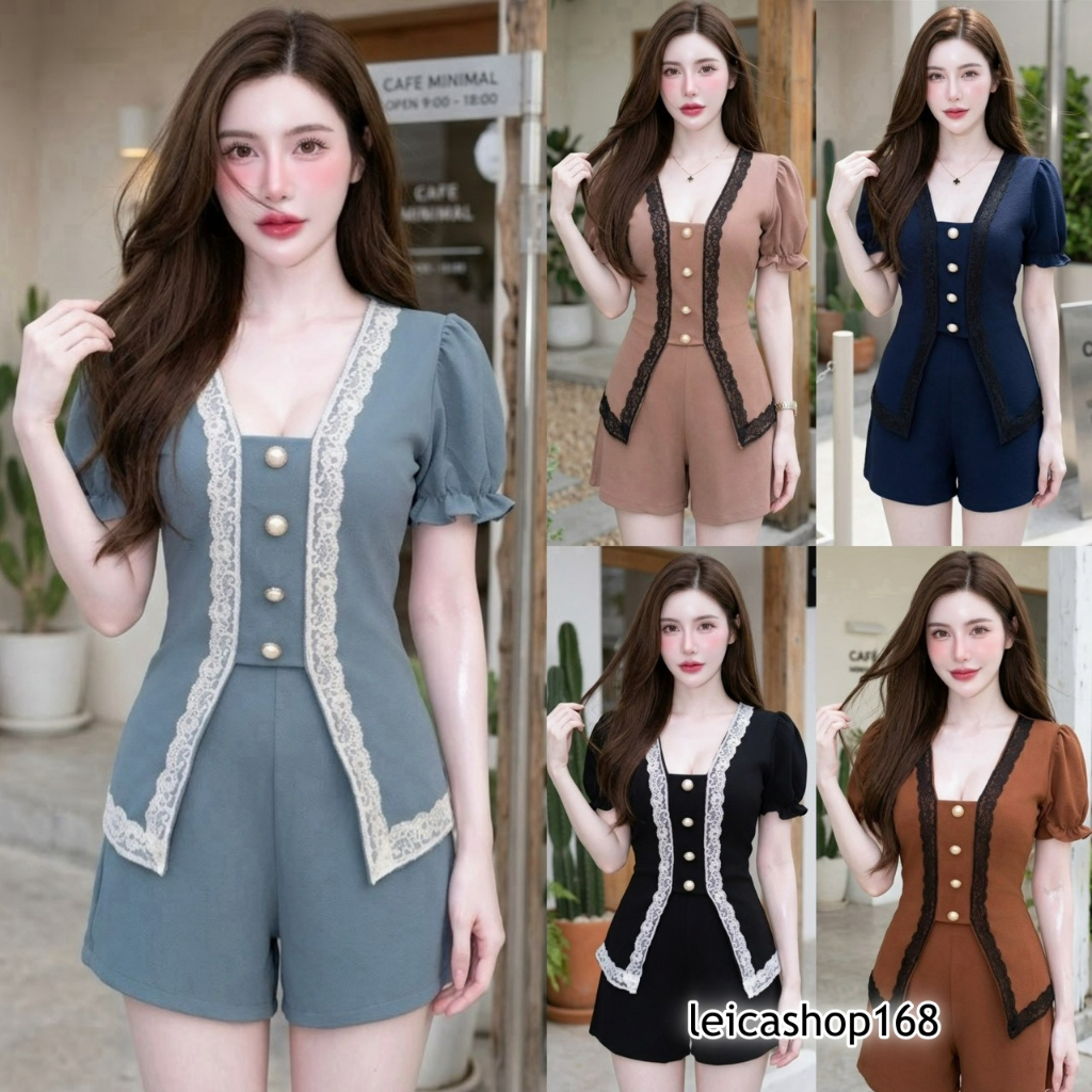 สินค้าพร้อมส่ง เซ็ทสั้น ผ้าวูลเวฟ เสื้อทรงยาวแขนตุ๊กตาแต่งลูกไม้หน้า ผ่าหน้าแต่งกระดุมมุกพร้อมสายผูกเอวเข้ารูป+กางเกง