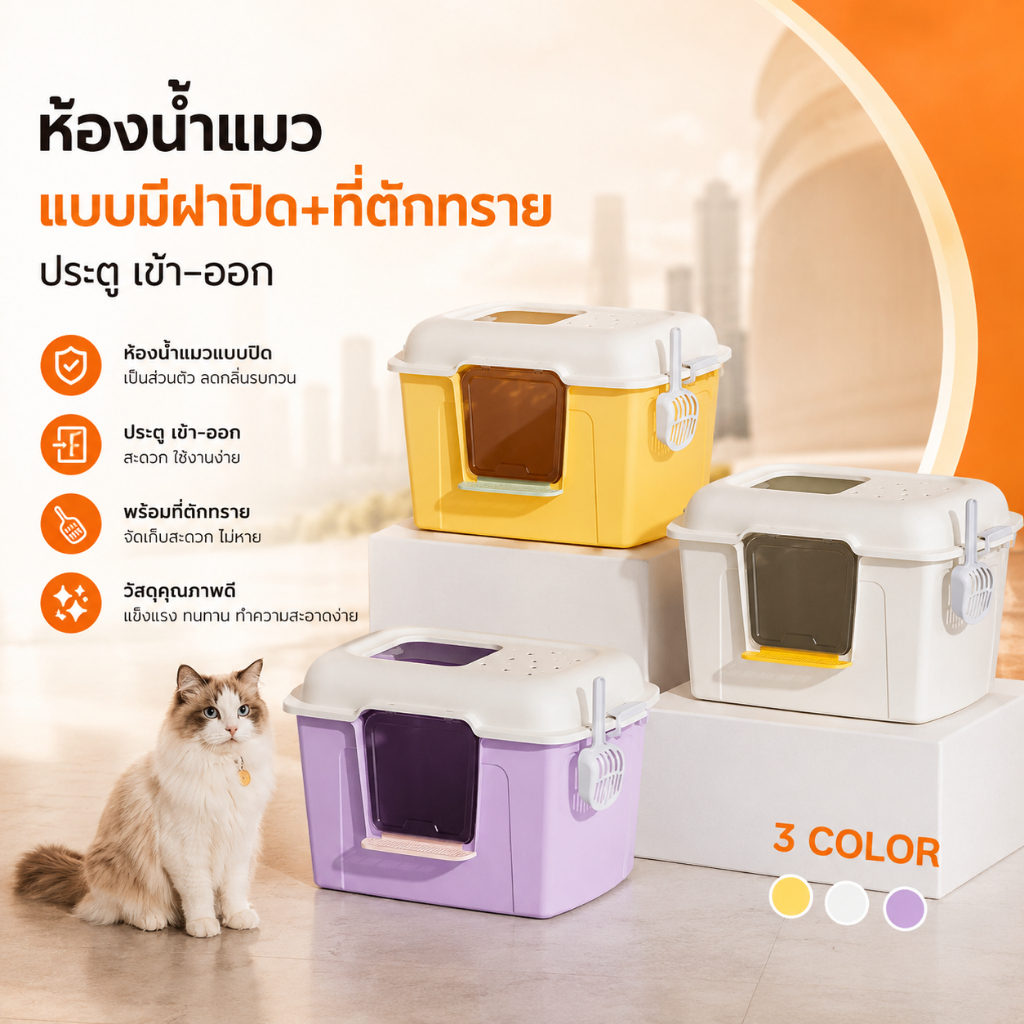 Bratvee กระบะทรายแมว ห้องน้ำแมว จัมโบ้ รุ่นCT05 ขนาด60-80cm มีฝาปิด ทรงโดม กันทรายกระเด็น เก็บกลิ่น พร้อมที่ตักทราย