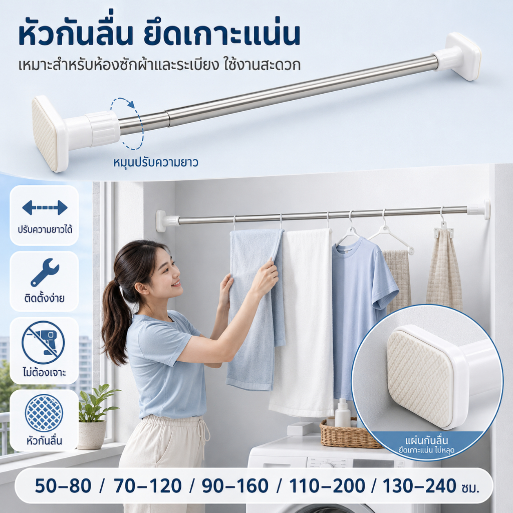 DH ราวผ้าม่าน ไม่ต้องเจาะผนัง ราวตากผ้าสแตนเลสยืดหดได้ 70-220cm ราวม่านห้องน้ำ ราวแขวนผ้าม่าน