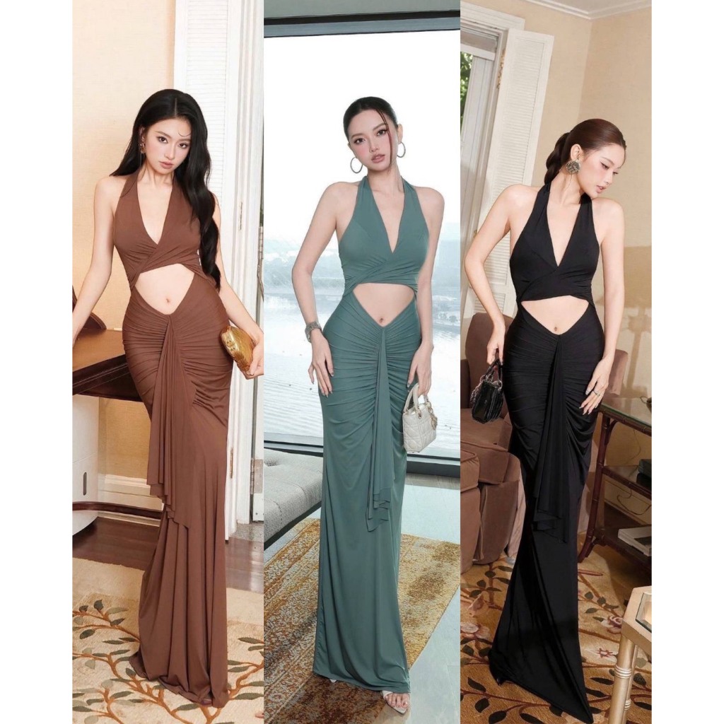 Tranali Brand: veranne dress sexy long dress เดรสผูกคอเว้าเอวแต่งชายห้อยระบายด้านหน้า