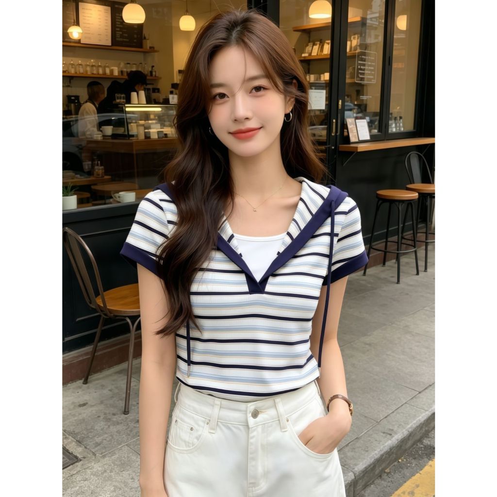 เสื้อยืดแขนสั้นมีฮู้ดสำหรับผู้หญิง ดีไซน์คัลเลอร์บล็อก – รูปที่ 4
