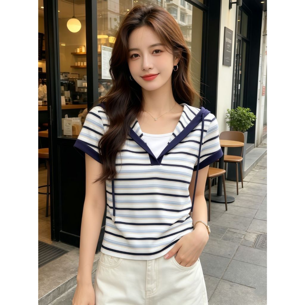 เสื้อยืดแขนสั้นมีฮู้ดสำหรับผู้หญิง ดีไซน์คัลเลอร์บล็อก – รูปที่ 6