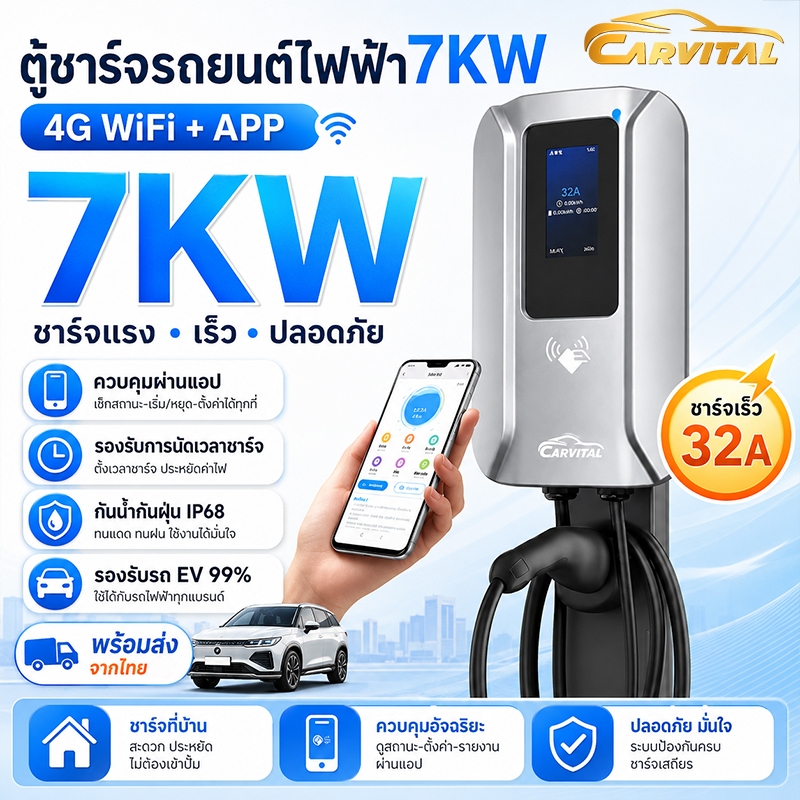 Wall Charger เครื่องชาร์จรถไฟฟ้า ev charger ต่อ APP ได้ มีบลูทูธ/Wi-Fi 7KW การควบคุมการใช้งาน เหมาะส