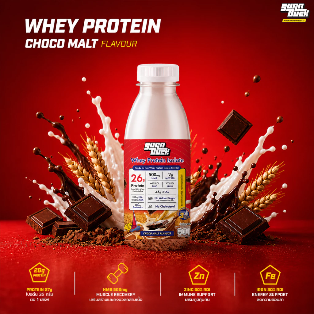 SUPADUCK Whey Protein Isolate Chocolate Malt Flavor 40g Ready-to-Mix Bottle | เวย์โปรตีน รสช็อคโกแลต มอลต์ ขวดพร้อมชง