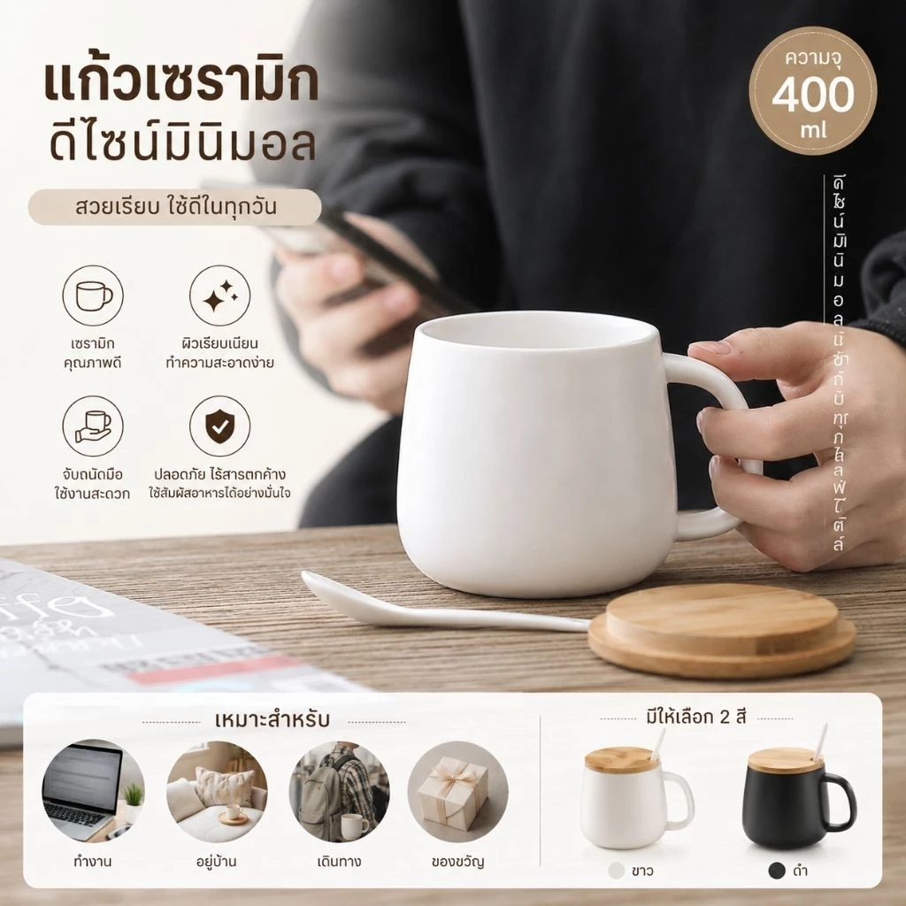 Liveinstyle [พร้อมส่ง] แก้วเซรามิก สไตล์มินิมอล 400ml พร้อมฝาไม้ไผ่และช้อนเข้าเซ็ต แก้วกาแฟ แก้วออฟฟิศ สไตล์ญี่ปุ่น