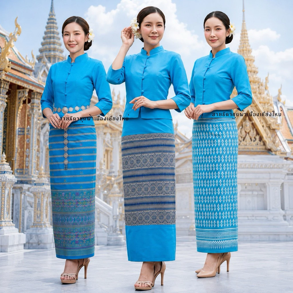 ชุดพื้นเมืองทรงจิตรลดาสีฟ้า วันแม่ แขนสามส่วนไม่อัดกาว