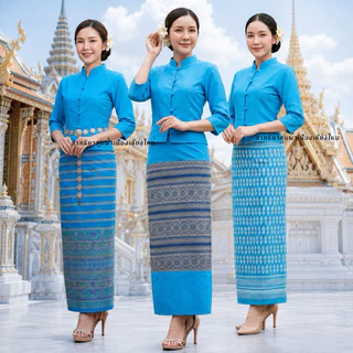 ชุดพื้นเมืองทรงจิตรลดาสีฟ้า วันแม่ แขนสามส่วนไม่อัดกาว
