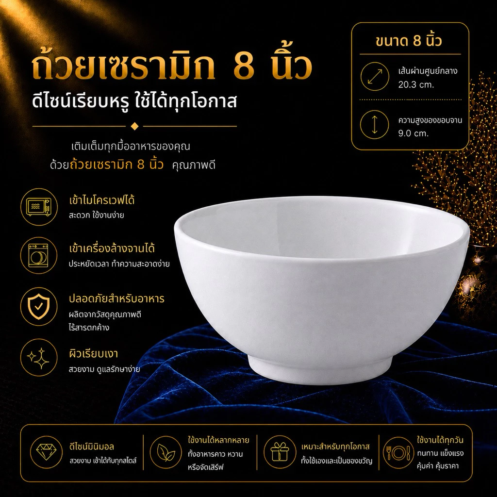 ถ้วยเซรามิก สีขาว ใส่ไมโครเวฟได้ ขนาด 8 นิ้ว