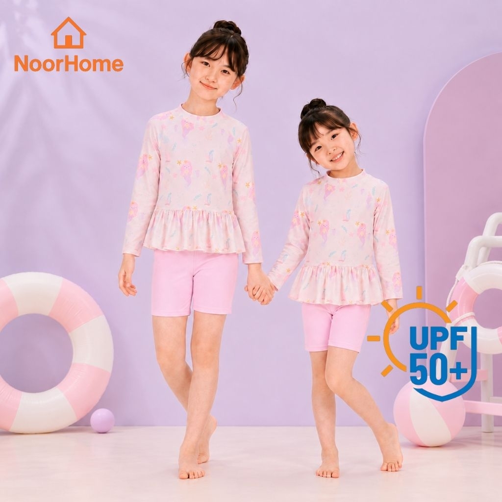 ชุดว่ายน้ำเด็กผู้หญิง 3 ชิ้น แขนยาว กันแดด UPF50+ ลายเจ้าหญิงเงือก ชุดว่ายน้ำเด็ก เซ็ตเสื้อ+กางเกง+หมวกว่ายน้ำ
