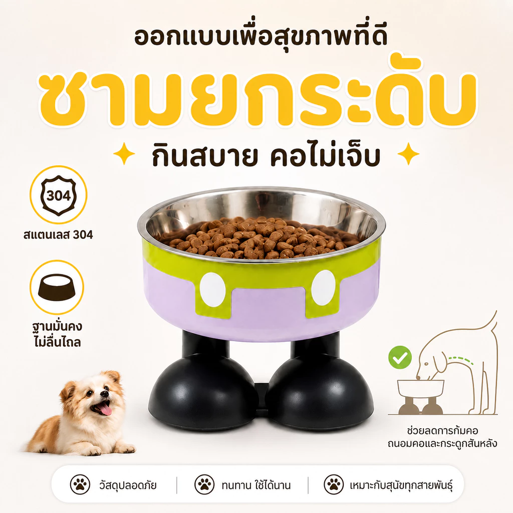 ชามลอยขายกสูง ชามสแตนเลสสัตว์เลี้ยง ถอดถังออกได้ ฐานยางกันลื่น ลดปัญหาคอทับกิน ทำความสะอาดง่าย สำหรับสุนัขแม