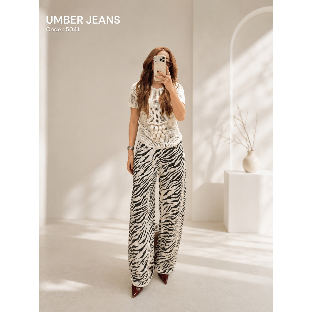 UMBER JEANS #5041 กางเกงยีนส์ลายม้าลาย Zebra Print ขากว้าง เอวสูง Wide Leg ผู้หญิง สไตล์เกาหลี Y2K