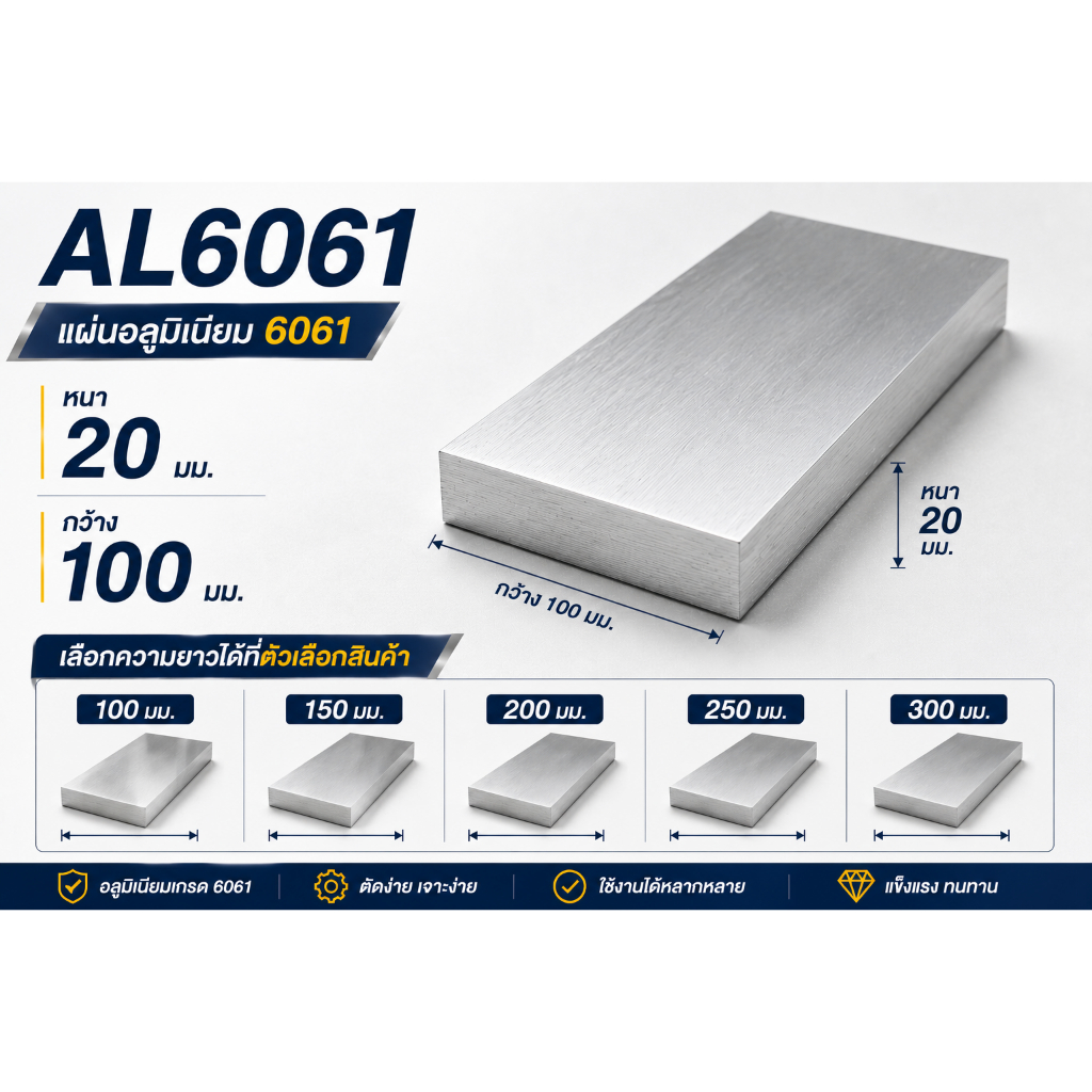 แผ่นอลูมิเนียม 6061 หนา 20 มม. กว้าง 100 มม. AL6061 เลือกความยาวได้